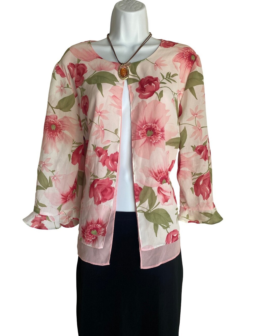 VTG White Stag Plus 16 Pink Floral Open Front Cardigan Jacket Boho Cottagecore
